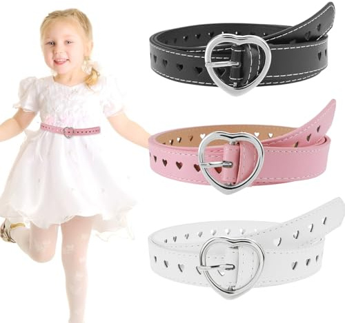 Sorcristy 3 Stück Kindergürtel Mädchen, Kinder Pu Ledergürtel, Verstellbare Herz Schnalle Taillengürtel, Kindergürtel Für 6-12 Jahre Mädchen Hosen Röcke Jacken