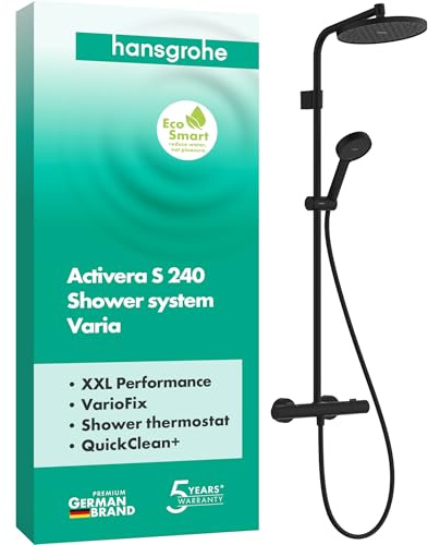 hansgrohe Activera S - wassersparendes Duschsystem (EcoSmart) mit Thermostat, Regendusche (240mm) mit Armatur, Handbrause (2 Strahlarten), Schlauch, Brausestange und Kopfbrause, Mattschwarz, 28078670