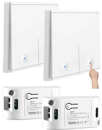 HOISGEAR Interruttore radio luce 230 V 10 A, interruttore radio senza batteria, set con 2 controller ricevitore 433 MHz 10 A e 2 interruttori radio da parete a 2 vie, telecomando fino a 50 m, per