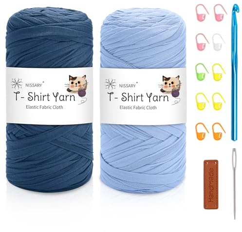 Nissary T-Shirt-Garn für Häkeln 2x200g - Dicke Wolle zum Häkeln Crochet Yarn inklusive 10mm Häkelnadel & Zubehör - Ideal für DIY-Taschen, Kissen, Chunky-Decken & Home-Decor-Projekte