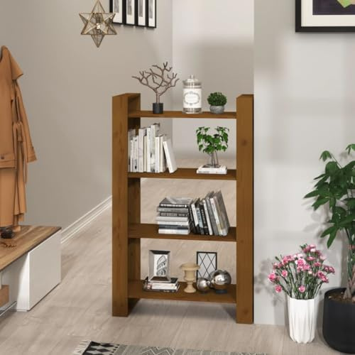 QUAHEAS Bücherregal Honigbraun 80x35x125 cm, Raumteiler aus massivem Kiefernholz, Standregal für Bücher, Akten, Deko im Wohnzimmer, Schlafzimmer, Büro