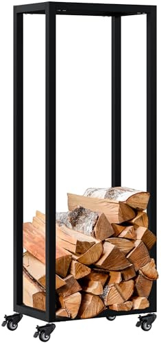 CLP Leñero metálico Interior con Ruedas Hilta, Soporte para Troncos de Metal Resistente, Almacenamiento de leña en el salón | Color Negro Tamaño 25x40x100 cm