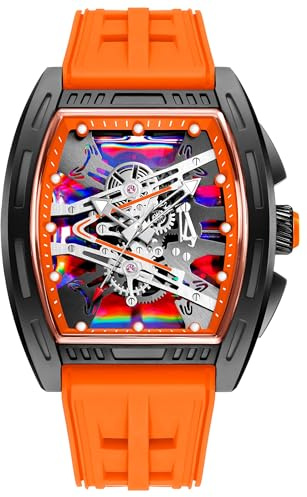 findtime Herren Armbanduhr Tonneau Ausgehöhlte Design Analoge Quarz Uhren Mechanische Uhr Großes Buntes Zifferblatt 5ATM Wasserdicht Leuchtend Militäruhren Leicht Silikon Armband Schwarz