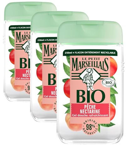 Le Petit Marseillais - Gel Douche Rafraîchissant Certifié BIO Pêche Nectarine (flacon de 250 ml) – 98% d'origine naturelle et pH neutre pour la peau – Emballage recyclable et rechargeable (Lot de 3)