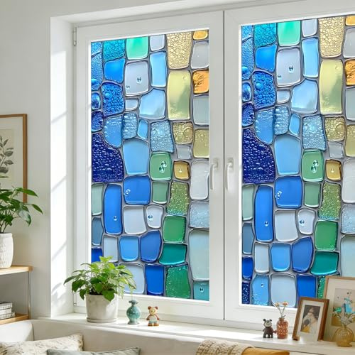 Fensterfolie Blickdicht 45x100cm Transparentes Blau Folie Fenster Sichtschutz Selbsthaftend,Sichtschutzfolie Fenster Statisch Haftend Ohne Klebstoff Anti Uv Sonnenschutz für Büro Wohnzimmer