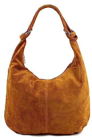 OBC Made in Italy Damen XXL Ledertasche Wildleder Shopper Tasche Schultertasche Umhängetasche Beuteltasche 41x34x12 cm (BxHxT) (Cognac)