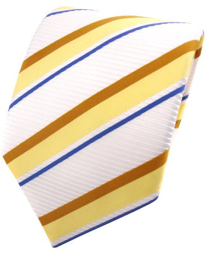 TigerTie Designer Satin Krawatte weiß signalweiß gelb ocker blau gestreift - Binder Tie