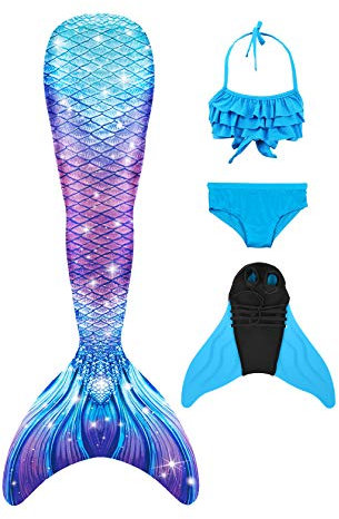 DNFUN meerjungfrauenflosse mädchen Badeanzug - Meerjungfrauenschwanz Schwimmen für Kinder Meerjungfrau Flosse Bademode mit Bikini Set und Monoflosse Mermaid Tail