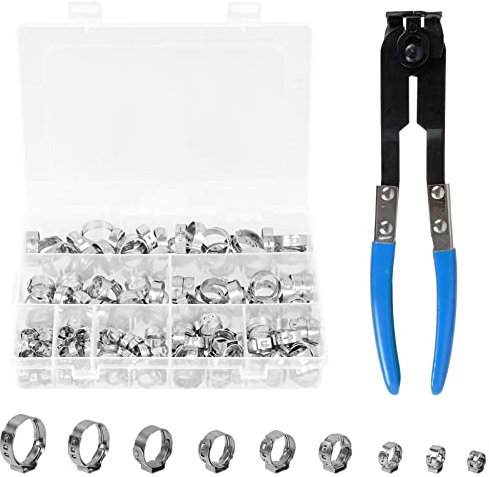 Einzelohr Stufenlos Schlauchschellen Set, 170 Stücke Schhlauchklemmen 5,8-21mm(9 Größen) aus 304 Edelstahl + Ohrklemmenzange Schlauchschellenzange