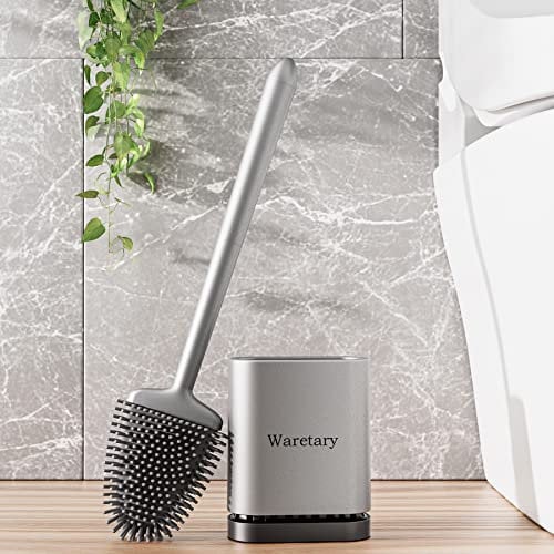 Waretary Klobürste Silikon,WC Bürste & Klobürstenhalter, Weiche und Flexible Toilettenbürste mit Langem Griff, Schnell trocknende Wandmontage & Stehend für Badezimmer (Silber)