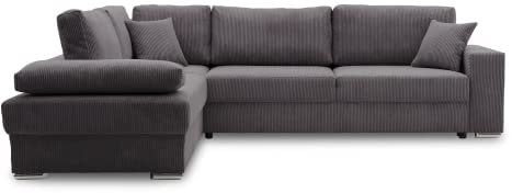 Ecksofa FESTINA 290/230 mit schlaffunktion und Bettkasten - L-förmig - Stoff Cordstoff - Eckcouch mit dekorativen Kissen (Links, POSO 022 Dunkelgrau)