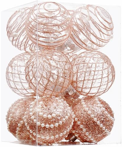 Palline di Natale da 12 ct, in plastica trasparente, infrangibili, color oro rosa, grandi, delicate decorazioni da appendere per feste di Natale, matrimoni, vacanze e decorazioni per la casa (70 mm)