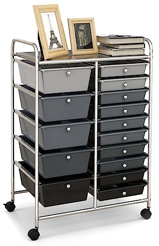 GOPLUS Desserte à roulettes avec 15 Tiroirs en Plastique Coulissant, Cadre Fer Argent, 63x37x87CM, Chariot de Rangement à roulettes, 2 avec Frein, Poignée Latéral, pour Chambre, Bureau (Noir Dégradé)