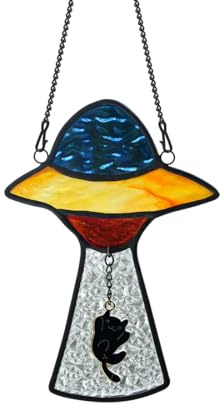 BOXCASA Alien UFO Decor - Stained Glass Window Hanging Suncatcher Showcasing a Cat Abduction Scene, Perfect Alien Lover Gift, Suitable for Alien Birthday Party, Space Aliens Themed Party