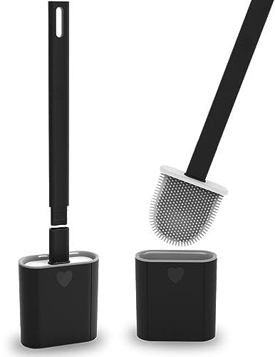 2 Pack Toilet Brush, Bathroom Silicone Toilet Brushes and Holder Sets with No-Slip Long Plastic Handle and Soft Flexible Bristles, Toilet Brushes with holders and Base for Anti-drip (Black)