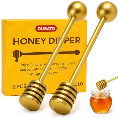 DUGATO Honey and Syrup Dippers, 2pcs 6.3 Inch 304 Stainless Steel Honeycomb Stick Spoon Stirrer Server for Honey Pot Jar Containers (Gold)