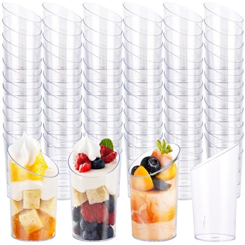 MUXHEL 120PCS Plastic Dessert Cups 65ml Clear Mini Dessert Pots Angled Round Reusable Mini Cheesecake Pots for Chocolate Cheesecake Desserts Appetizers Fruit Mousse Pudding