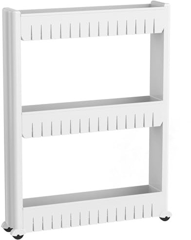 ZENO 3-Tier Storage Trolley | Narrow Unit on Wheels | Sliding Shelf Cart | Great for Kitchen, Bathroom, Bedroom & Office (White)
