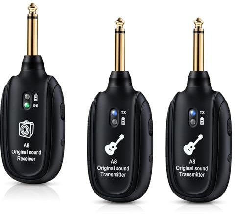 A8-2 Wireless Guitar System Dual Transmitter 2.4G 30m Range <4ms Latency 2 Modi E-Gitarre Zubehör Wireless Audio Transmitter und Empfänger für Bassgitarre Gitarre Verstärker