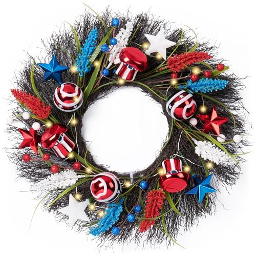 Valery Madelyn Patriotischer Weihnachtskranz für Haustür mit Lichtern, 45,7 cm, rot, weiß, blau, 4. Juli, Kranz für Unabhängigkeit, Gedenktag, Dekoration, Amerikanische Wahl, Wand, Zuhause,