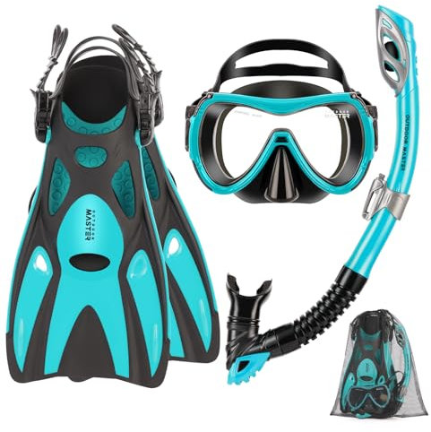 OutdoorMaster Mobula Schnorchelausrüstung für Erwachsene,Maske Flossen Schnorchel Set mit Panoramablick Anti-Fog, Dry Top Tauchausrüstung zum Schwimmen Schnorcheln Tauchen - Grün Schwarz,S/M