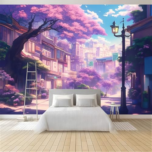 Größe Wandbilder, Anime-Stil, Abnehmbare Peel and Stick selbstklebende Wandbilder Große Fototapete 300x210cm Lila Dorf Tapete Wandbilder Wohnzimmer Kinderzimmer Dekoration