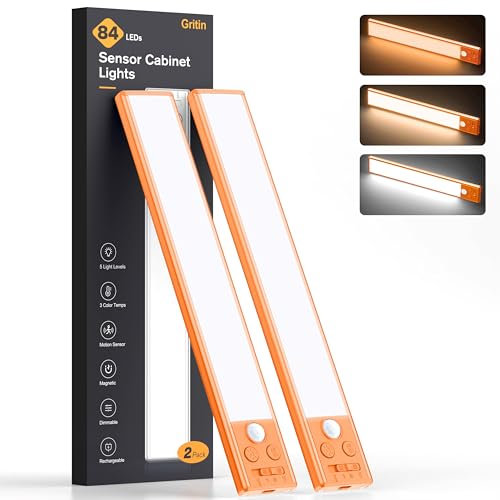 Gritin Lampe de Placard- 84 LED Super Lumineuses,3 Couleurs&5 Luminosités,4 Modes,Capteur de Mouvement, Rechargeable 1800mAh Longue Durée -Installation Facile Lampe d'Armoire Magnétique,Orange