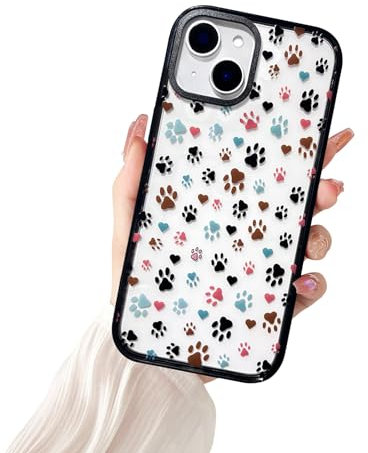 Reownest Clear Case for iPhone 13/iPhone 14, Cool Paw Print Animal Cute Aesthetic Pattern Design Soft Protective Phone Case for Men Women Girls -Black Frame
