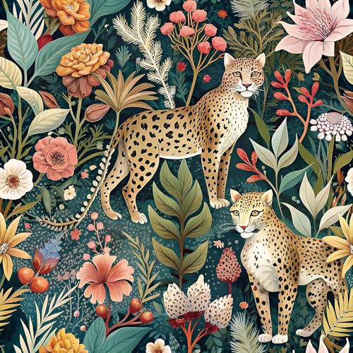 ANLIKY-Pro Selbstklebende Tapete Dschungel Gepard Vintage Blumen Tropisch, 44x300cm Wohnzimmer Schlafzimmer Bad Küche Möbelfolie Wandtattoo Dekofolie Schrank Regal Flur Renovierung Wandverkleidung.