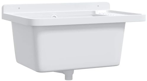 Fregadero de pared blanco 60 x 40 x 28 cm resina 19 L capacidad con orificio de rebosadero y jabonera para jardín, taller, uso al aire libre