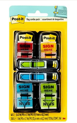 4-Pack of “Sign Here” Flags (Red, Yellow, Bright Blue and Bright Green) , 1” Sign Here Flags 50sheet/pack + FREE 48 arrow flags