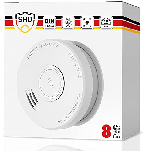 SHD Rauchmelder Set wechselbare Batterien (8X) - DIN EN14604 Geprüft & BSI-Zertifiziert, Brandmelder mit Stummschaltung & Selbsttest Funktion, Rauchmelder Magnethalter geeignet, Feuermelder DOF19