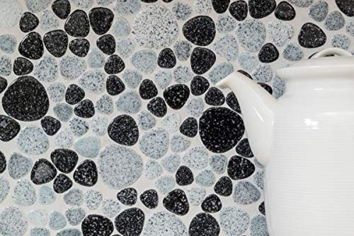 Carrelage mosaïque en céramique - Galets mouchetés - Noir et gris brillant - Pour le sol, la salle de bain, la cuisine, le carrelage - Revêtement de baignoire