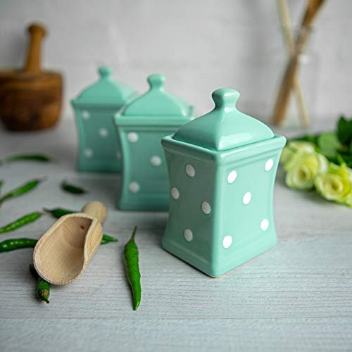 City to Cottage - Keramik Behälter Küche 150 ml | 3er-Set | Türkis und Weiß | Polka Dots | Handgemacht | Behälter mit Deckel | Keksdose Keramik