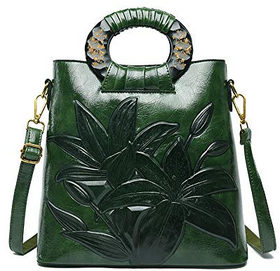 Coolives Damen Handtasche Holz Henkel Henkeltasche Klassische Blumenprägung Umhängetasche Schultertasche Grün EINWEG