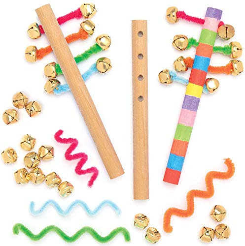 Baker Ross AT813 Bastelset Glöckchenstab aus Holz, 4 Stück, Holzhandwerk für Kinder zum Gestalten, Bemalen, Dekorieren und verwenden, Mittel