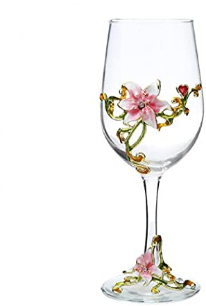 XUDREZ Handmade Painted Enamel Flower Gin Balloon Glass Wine Glass Birthday Gifts for Women Mum Friends Mothers Day, Lead-Free (Pink Lily)