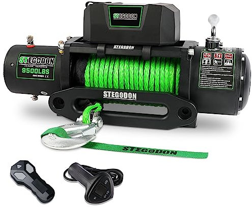 STEGODON Treuil électrique étanche de 4 309,1 kg, 12 V, en corde synthétique, avec télécommande sans fil et commande filaire pour camion, VUS, Jeep Wrangle (corde verte)