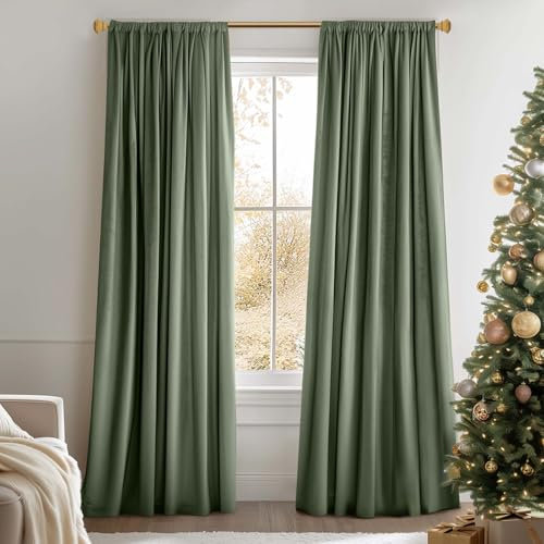 Lazzzy Rideau occultant en Velours Vert à Isolation Thermique pour Chambre à Coucher et Salon, Rideaux insonorisants en Velours avec Passe-Tringle, 1 Panneau de 213,4 cm de Long, Vert Sauge