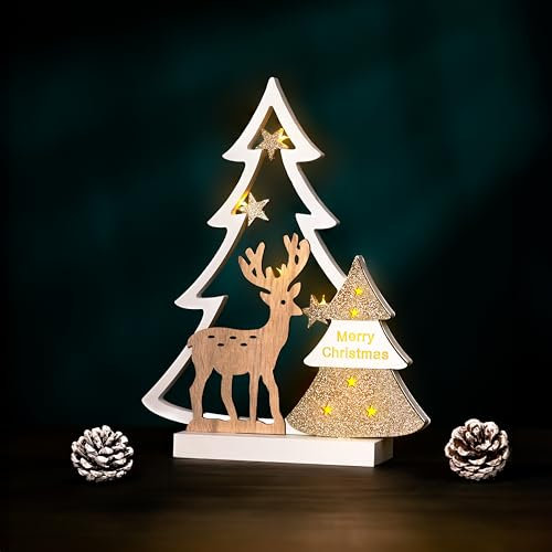 Marco Paul Christmas Decorations Wooden Christmas Tree Battery Operated Decoration Desk Christmas Tree With Lights Christmas Table Decoration Gold Xmas Decorations LED Light Up Christmas Decorations