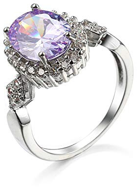 Banemi Ring In Weißvergoldeter, Ring Damen Modern Violett Zirkonia Oval Damen Hochzeitsband Größe 52 (16.6)