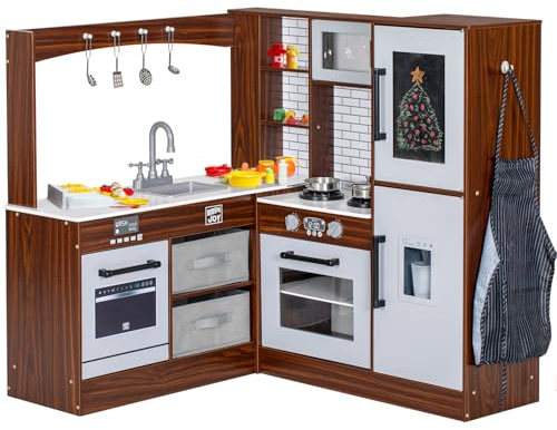 BRINJOY Corner Play Kitchen for Kids, Wooden Toddler Kitchen Playset w/Faucet, Sink, Microwave, Oven, Apron, Blackboard, Storage Cabinets, Pretend Cooking Toys w/Sound & Light Gift for Ages 3+