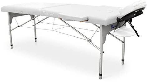 QUIRUMED Leicht zusammenklappbare Massageliege aus Aluminium, Farbe Weiß, 186 x 66 cm, Massageliege, Kunstleder, leicht, tragbar, teleskopische Höhenverstellung, bis zu 140 kg