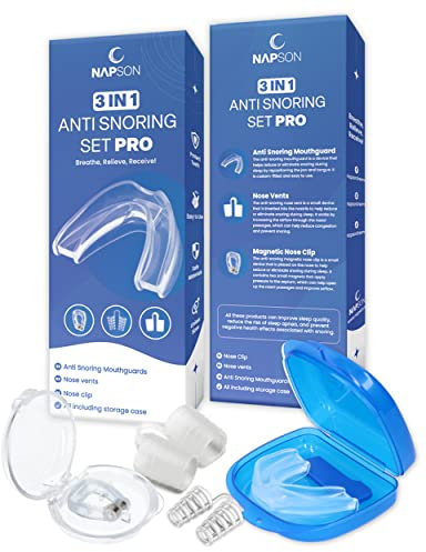 Napson PRO 3 in 1 Anti Schnarch Set | Stop Mund und Nase Schnarchen | Besser Atmen für einen erholsamen Schlaf | Kostenlose Aufbewahrungsboxen | Mundschutz gegen Zähneknirschen | Inklusive