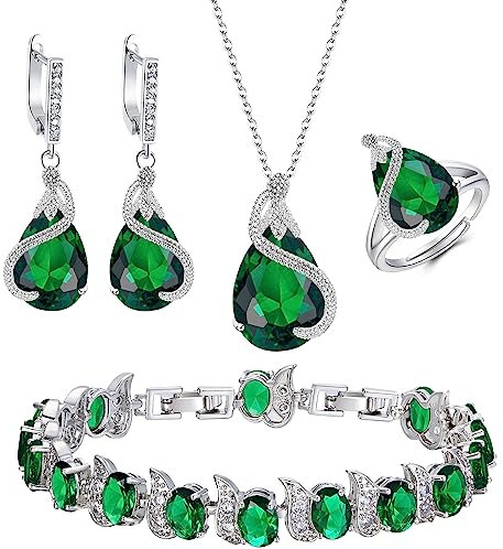 Ever Faith Women's Jewelry Set Green Jewellery Sparkly Cubic Zirconia Birthstone Teardrop Necklace Earring Bracelet Ring Sets for Women Birthday Gifts 4 PCS Silver-Tone