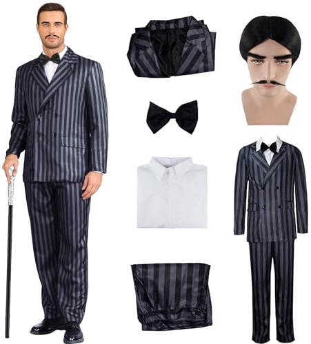 Men's 1920s Gangster Costume Wig Pinstripe Suit Blazer Jacket Shirt Pants Set with Necktie Halloween Cosplay Outfits 3XL