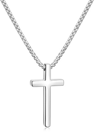 Fiusem Silver Tone Cross Necklace for Men, Mens Cross Necklaces with 2.5mm Cross Chain and Stainless Steel Cross Pendant Small, Box Chain 20 Inch, Jewelry Gift