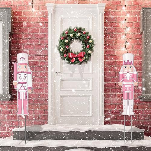 Barydat 2 Stück große rosa Weihnachts-Nussknacker-Hof-Schilder, Dekoration für den Außenbereich, mit Heringen, 71,1 cm, Kunststoff, Nussknacker, Soldat, Rasenschild für Weihnachten, Urlaub, Garten,