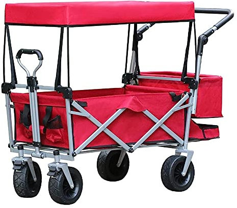 Roter Bollerwagen mit abnehmbarem Baldachin - Faltbarer Campingwagen mit Bremse und Hecktasche für Strand, Offroad, LKW - Faltbarer Handwagen