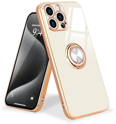 Urarssa for iPhone 15 Pro Case with Ring Holder 360 Degree Rotation Finger Magnetic Car Stand Case Shockproof Plating Silicone Phone Cover for iPhone 15 Pro, White